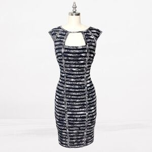 Cache Slimming Sheath Dress Black & White Striped Party Cocktail Formal XS 2
